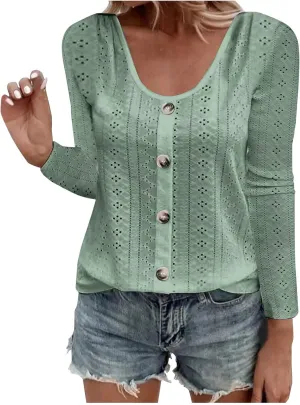 Sexy Elegant Long Sleeve Tops For Women Dressy Casual Button Down Eyelet Tunic Shirts Fall Fashion Work Blouse