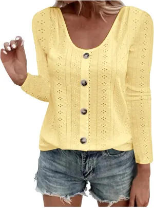 Sexy Elegant Long Sleeve Tops For Women Dressy Casual Button Down Eyelet Tunic Shirts Fall Fashion Work Blouse