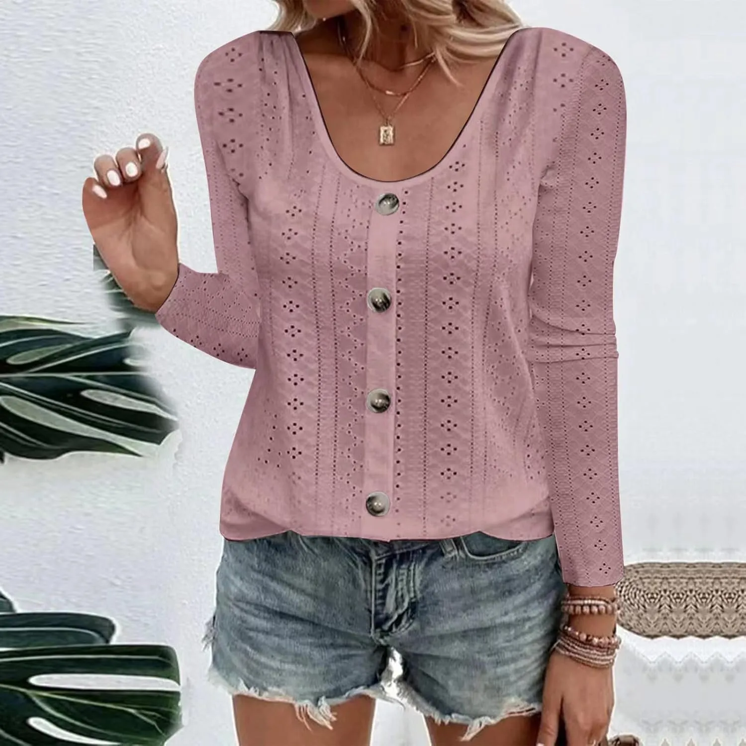 Sexy Elegant Long Sleeve Tops For Women Dressy Casual Button Down Eyelet Tunic Shirts Fall Fashion Work Blouse
