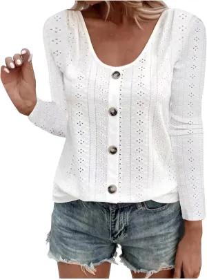 Sexy Elegant Long Sleeve Tops For Women Dressy Casual Button Down Eyelet Tunic Shirts Fall Fashion Work Blouse