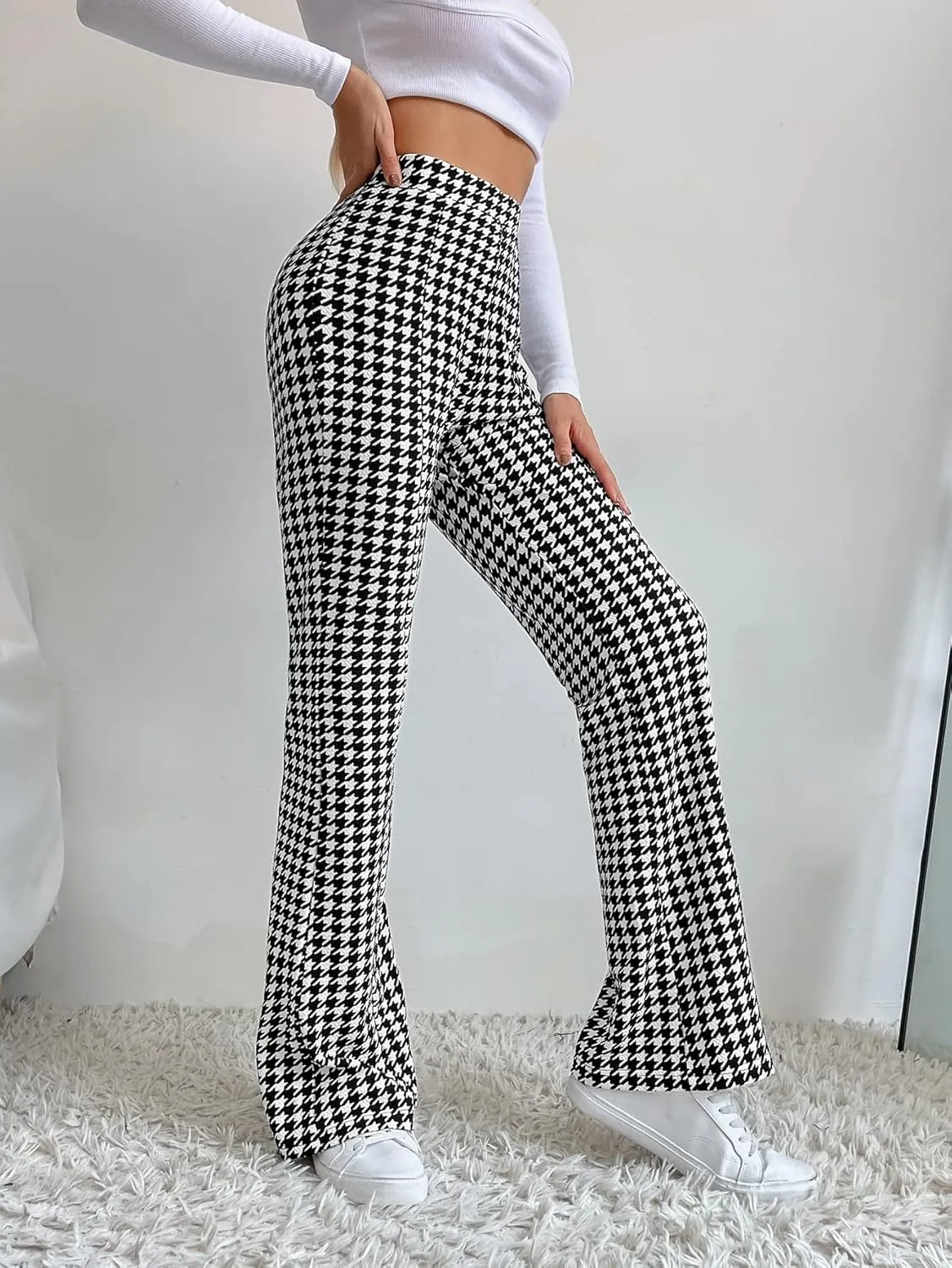 SHENHE Women's Elegant Houndstooth Print High Waist Flare Wide Leg Pants Trousers