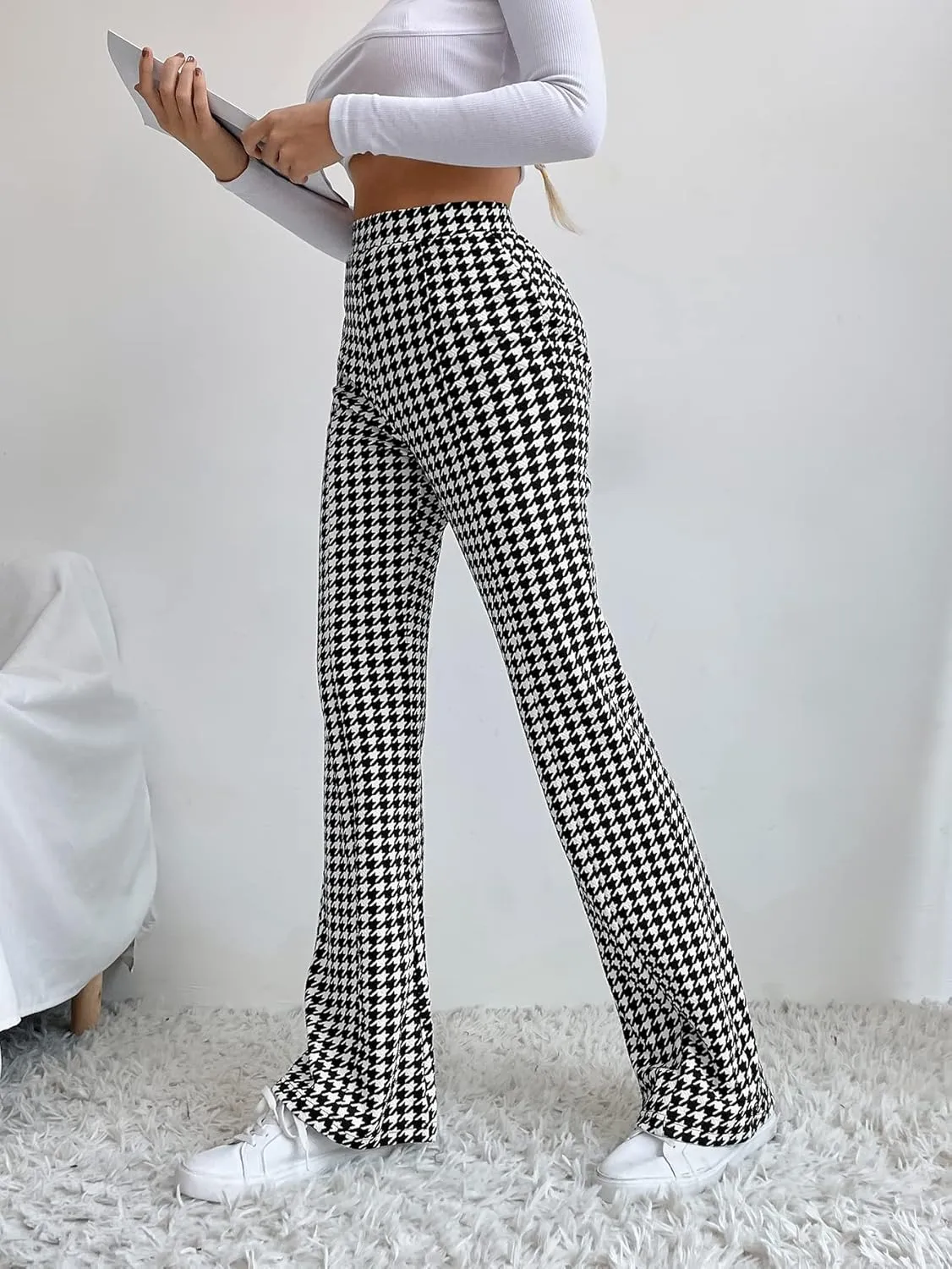 SHENHE Women's Elegant Houndstooth Print High Waist Flare Wide Leg Pants Trousers