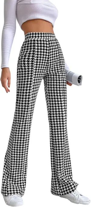 SHENHE Women's Elegant Houndstooth Print High Waist Flare Wide Leg Pants Trousers