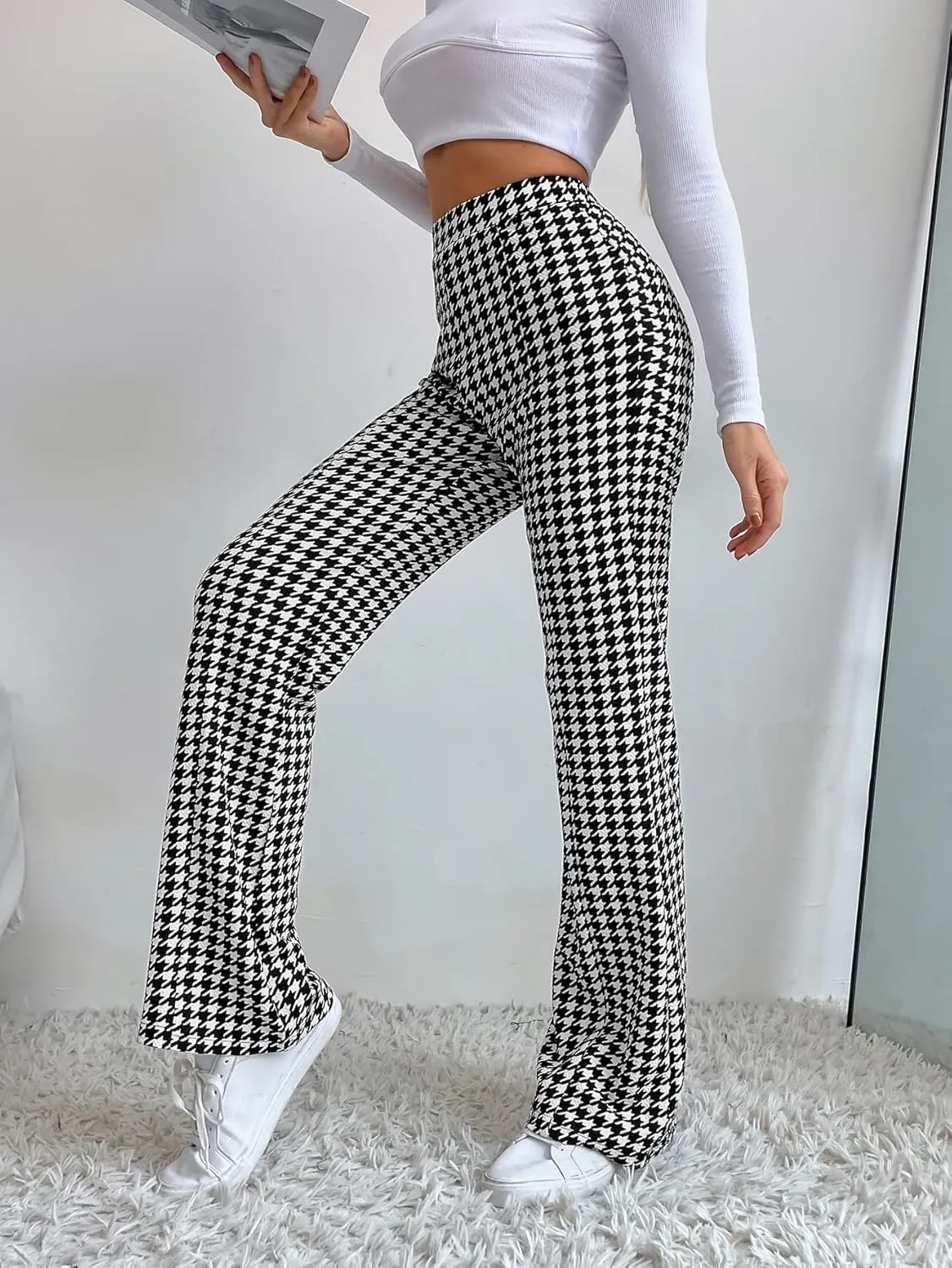 SHENHE Women's Elegant Houndstooth Print High Waist Flare Wide Leg Pants Trousers