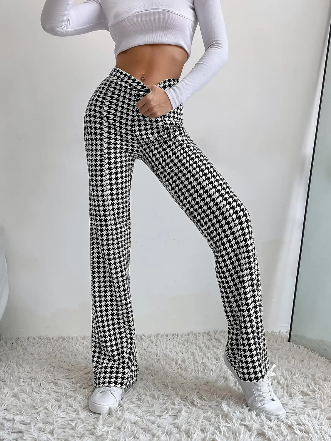 SHENHE Women's Elegant Houndstooth Print High Waist Flare Wide Leg Pants Trousers