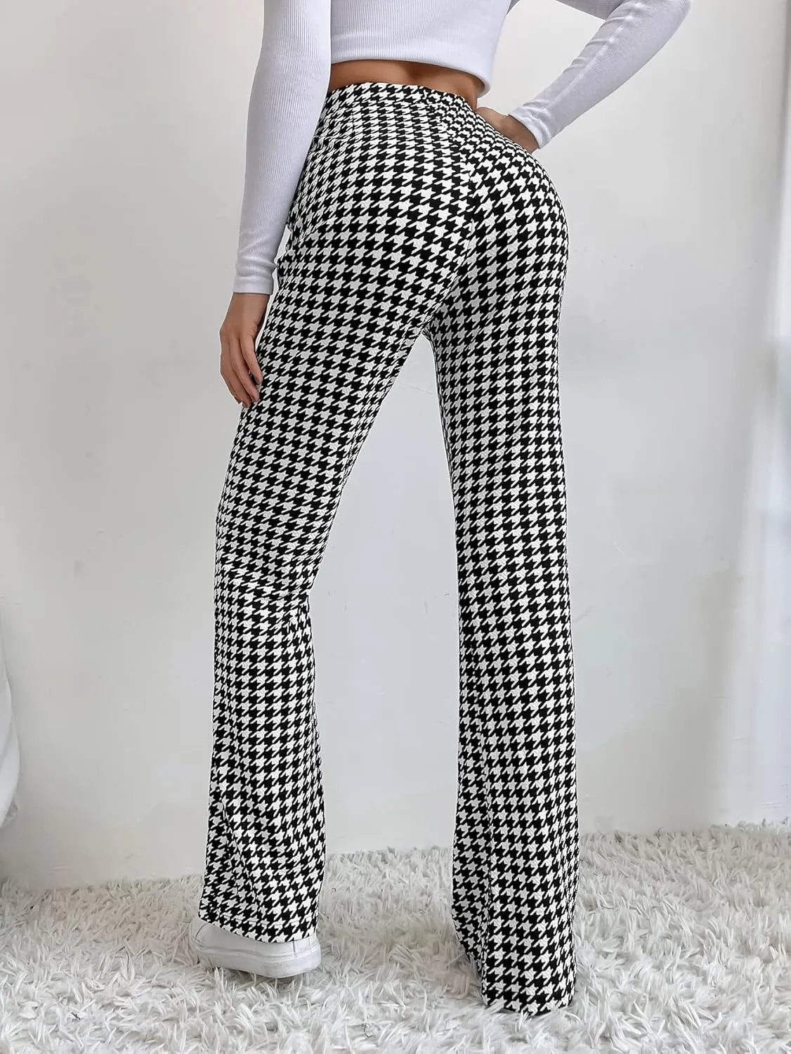 SHENHE Women's Elegant Houndstooth Print High Waist Flare Wide Leg Pants Trousers