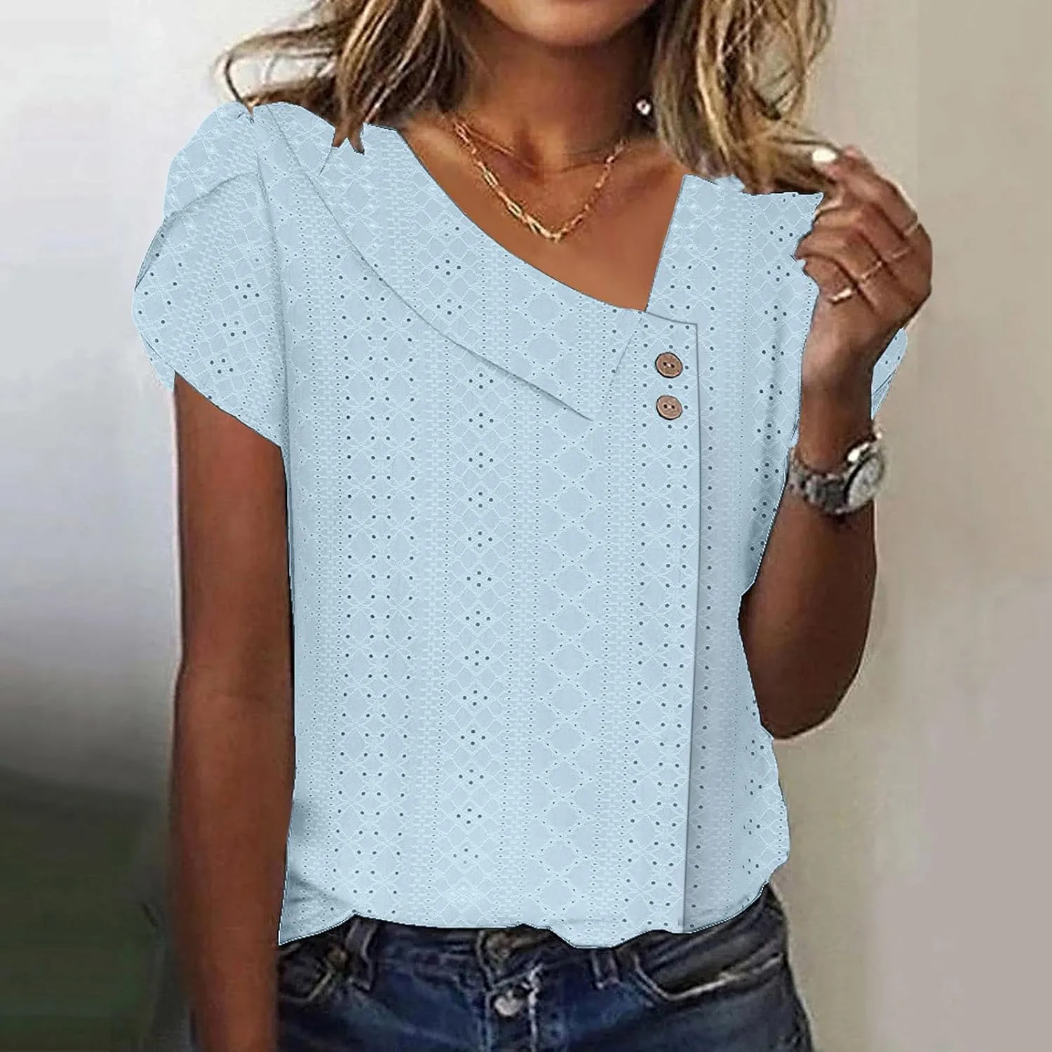 Shirts for Women Trendy Summer 2024 Petal Short Sleeve v Neck Petite Tops Cute Lace Eyelet Blouses Dressy Casual