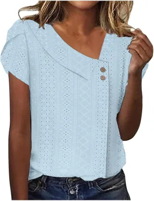 Shirts for Women Trendy Summer 2024 Petal Short Sleeve v Neck Petite Tops Cute Lace Eyelet Blouses Dressy Casual
