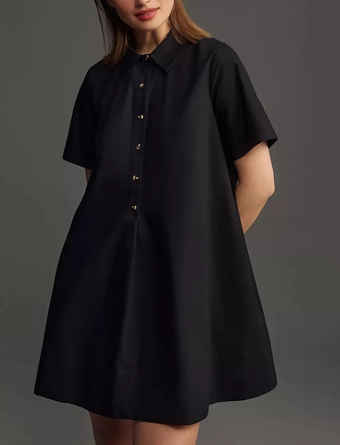 Short Sleeve Swing Tunic Mini Dress for Women Button Up Shirt Blouse Short Dress Summer Casual Flowy A Line Dress