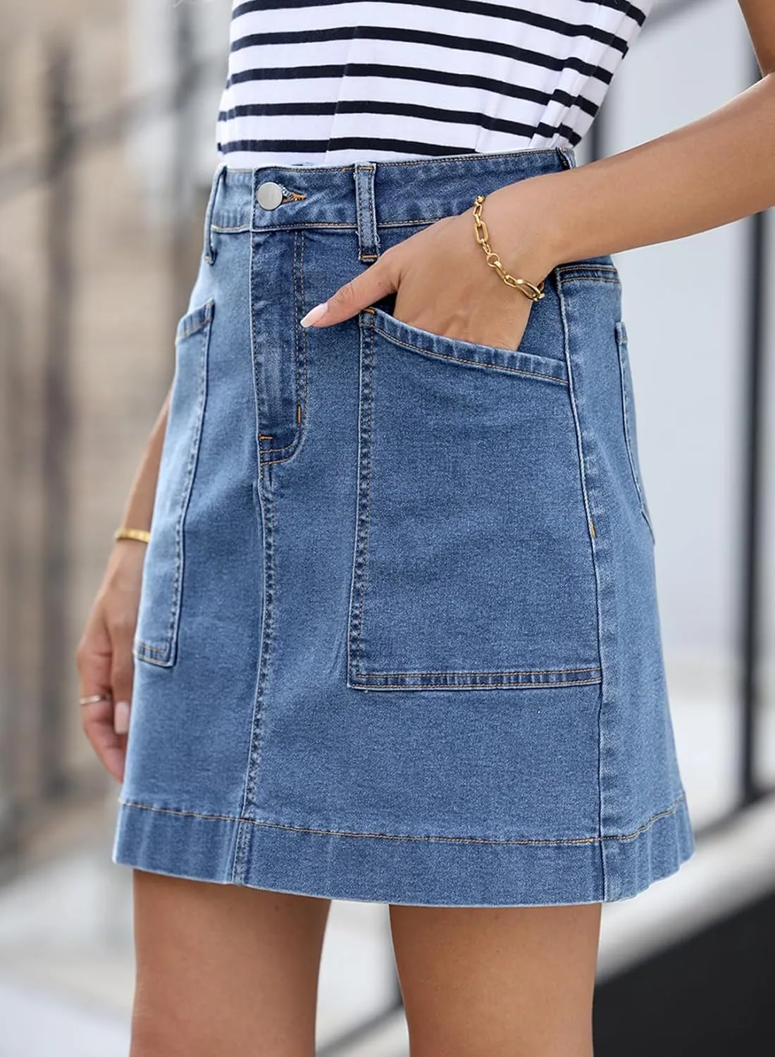 Sidefeel Women's Jean Skirt High Waisted Stretch Casual Summer Mini Skort Zimbaplatinum Denim Skirt with Pockets