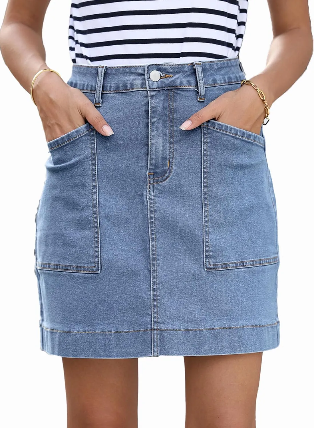 Sidefeel Women's Jean Skirt High Waisted Stretch Casual Summer Mini Skort Zimbaplatinum Denim Skirt with Pockets