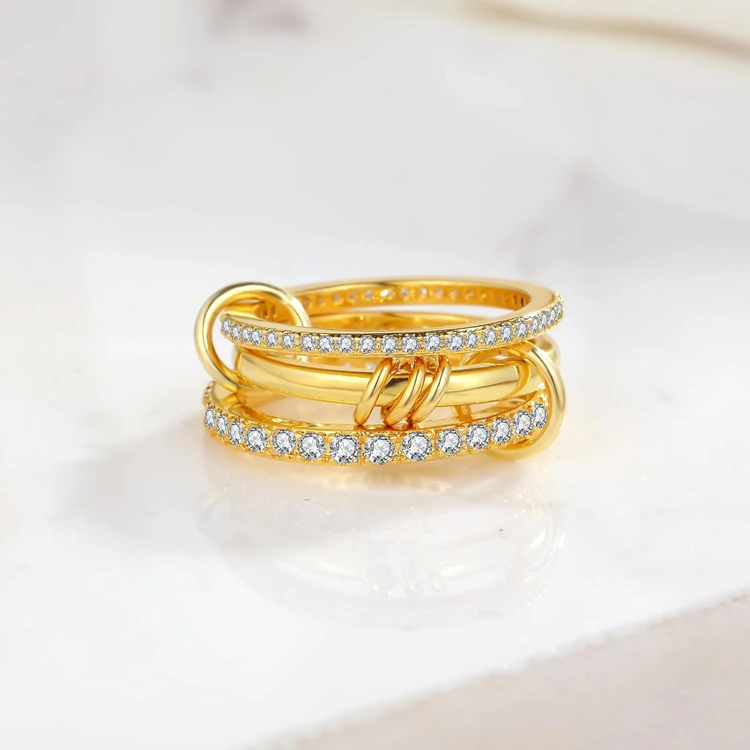 Silver Gold Stackable Rings for Women Non Tarnish, Two Tone Rings for Women Dainty Bands, 18k Gold Plated 3 Rings Set with CZ Cubic Zirconia Band for Casual to Formal Occasions