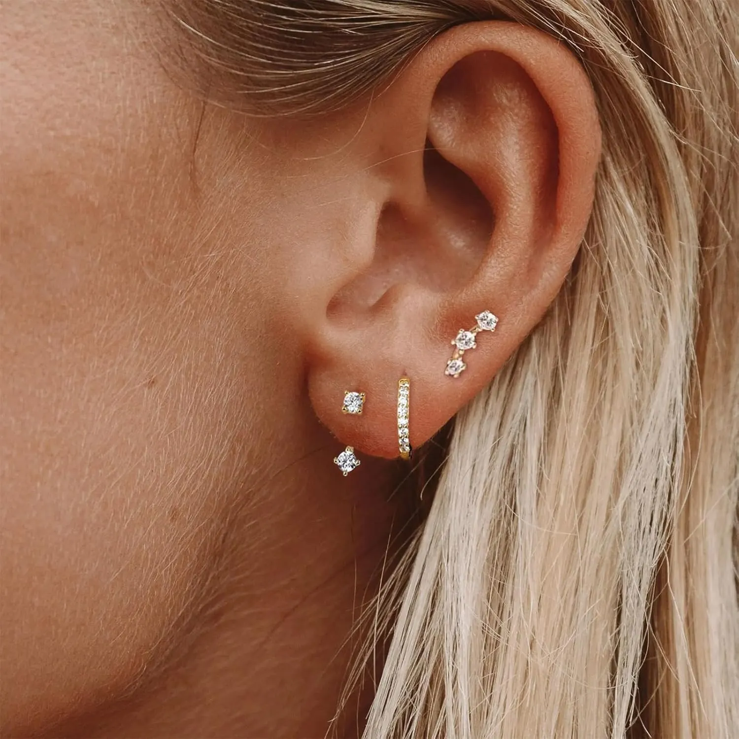 Silver Hoop Earrings Set for Women Dainty Studs Earrings Rhinestone Hoop Earrings Piercing Cartilage Earrings Hypoallergenic Small Hoop Earrings Jewelry Gift for Women (Gold)