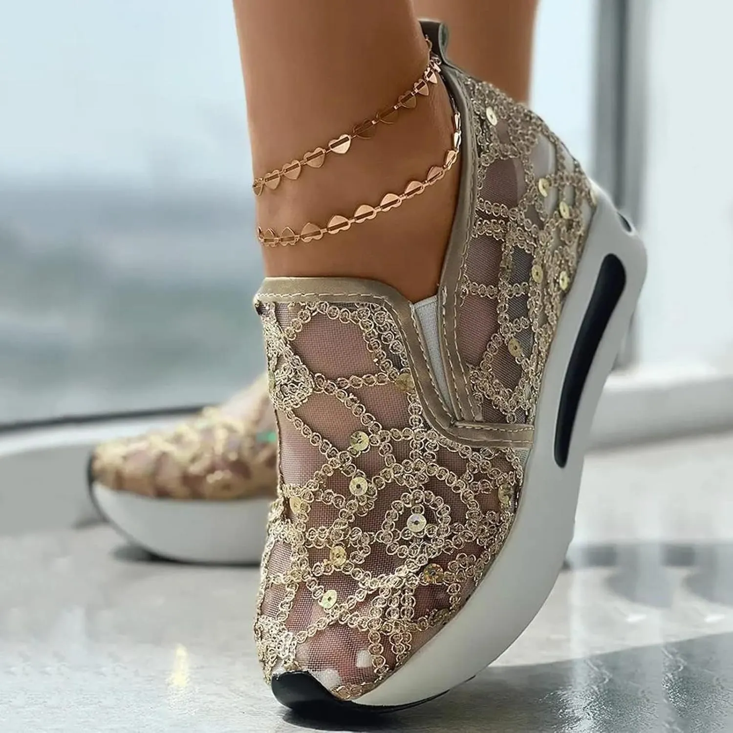Slip On Sneakers Women Platform Wedge Sneakers Fashion Embroidery Floral Mesh Air Comfort Chunky Sole Hidden High Heels Slip On Loafers Breathable Walking Shoes with Arch Support