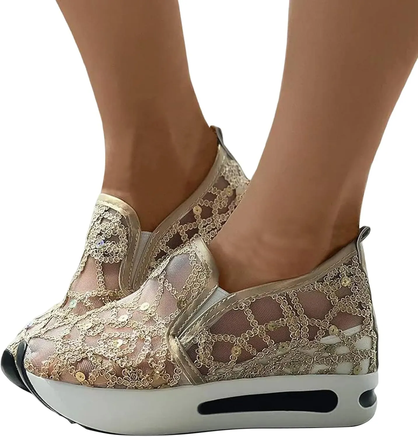 Slip On Sneakers Women Platform Wedge Sneakers Fashion Embroidery Floral Mesh Air Comfort Chunky Sole Hidden High Heels Slip On Loafers Breathable Walking Shoes with Arch Support