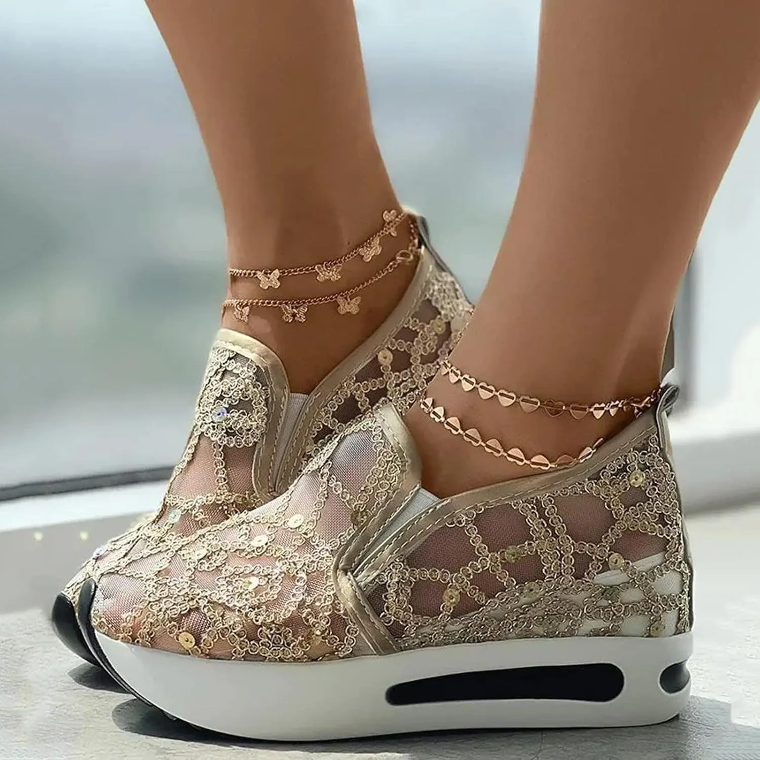 Slip On Sneakers Women Platform Wedge Sneakers Fashion Embroidery Floral Mesh Air Comfort Chunky Sole Hidden High Heels Slip On Loafers Breathable Walking Shoes with Arch Support