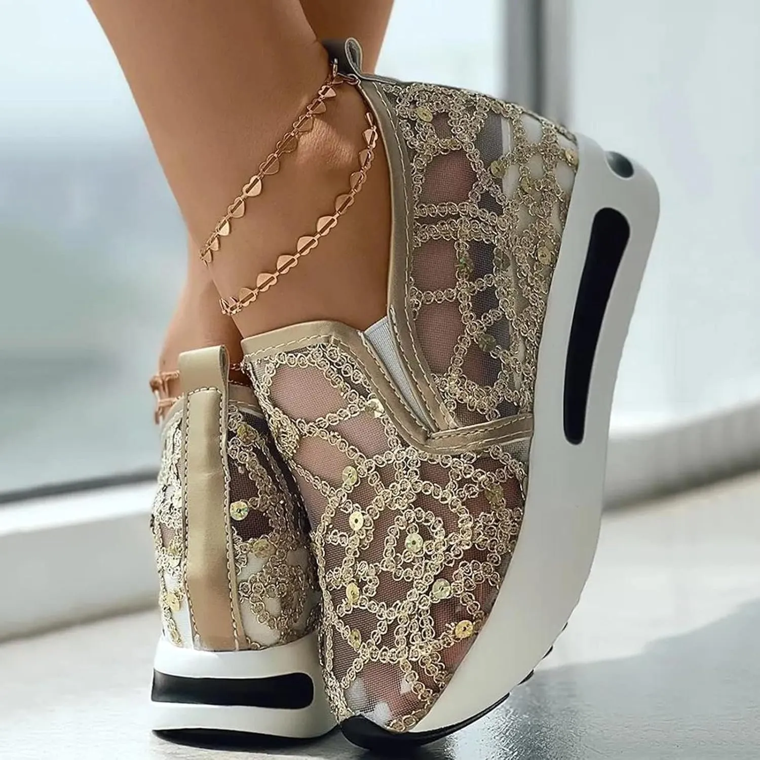 Slip On Sneakers Women Platform Wedge Sneakers Fashion Embroidery Floral Mesh Air Comfort Chunky Sole Hidden High Heels Slip On Loafers Breathable Walking Shoes with Arch Support