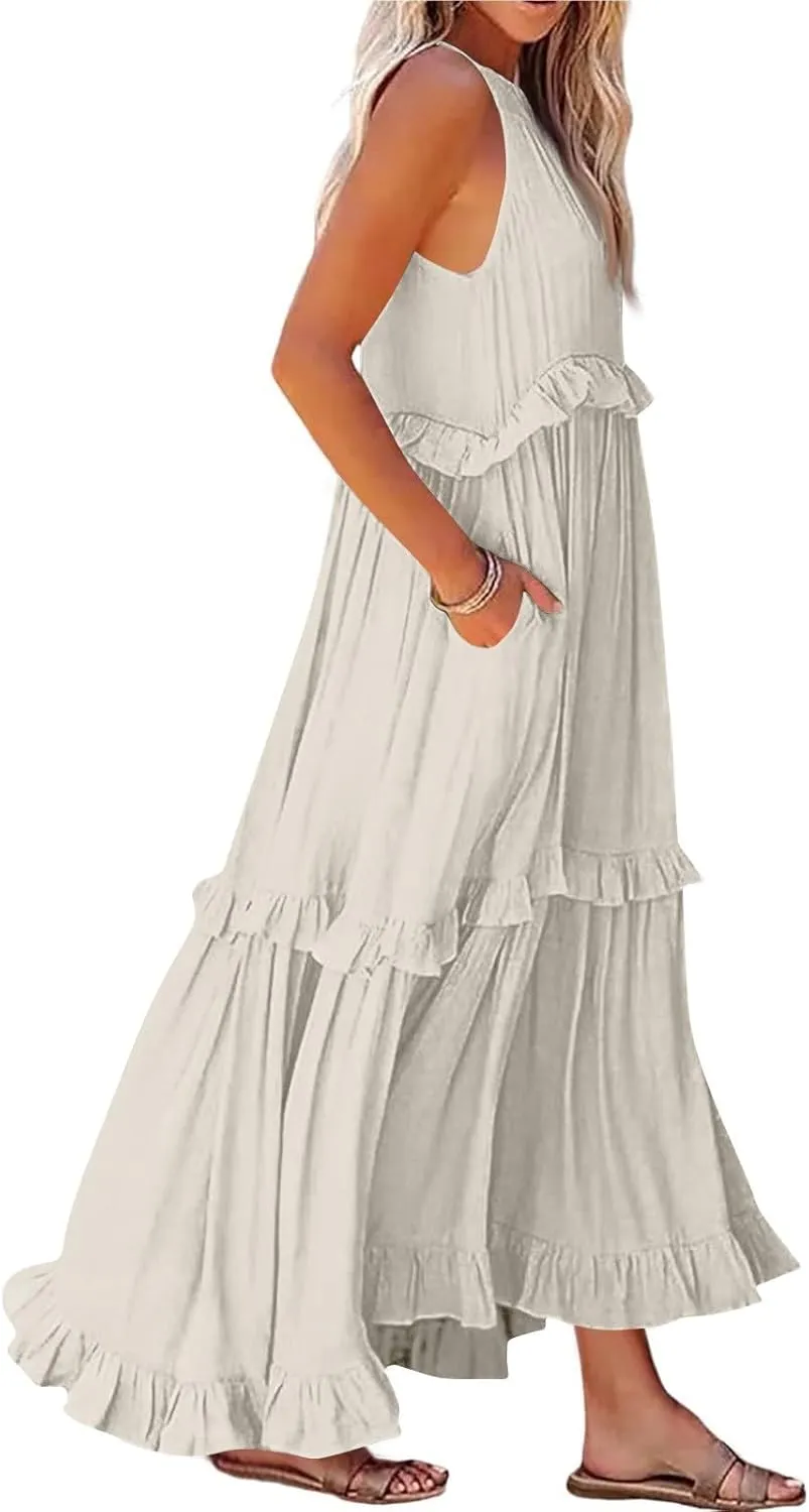 Smocked Halter Maxi Dress for Women Elegant Loose Flowy Tiered Ruffle Dress Summer Swing Tie Back Beach Dresses