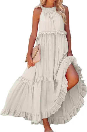Smocked Halter Maxi Dress for Women Elegant Loose Flowy Tiered Ruffle Dress Summer Swing Tie Back Beach Dresses