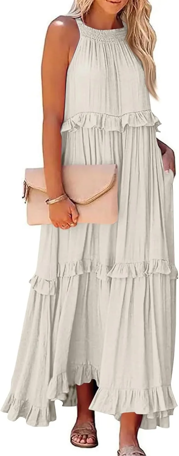 Smocked Halter Maxi Dress for Women Elegant Loose Flowy Tiered Ruffle Dress Summer Swing Tie Back Beach Dresses