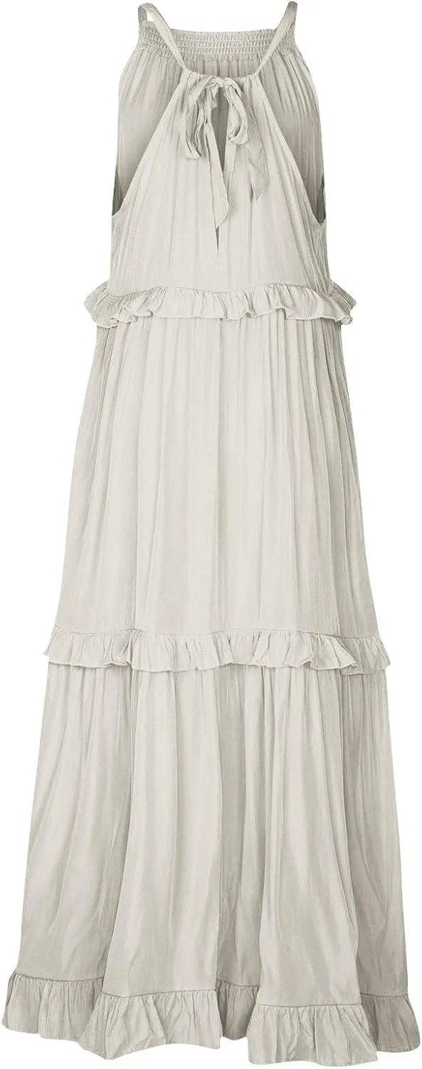 Smocked Halter Maxi Dress for Women Elegant Loose Flowy Tiered Ruffle Dress Summer Swing Tie Back Beach Dresses
