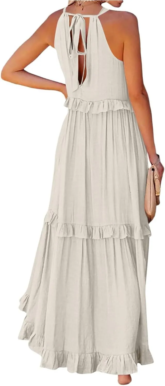 Smocked Halter Maxi Dress for Women Elegant Loose Flowy Tiered Ruffle Dress Summer Swing Tie Back Beach Dresses