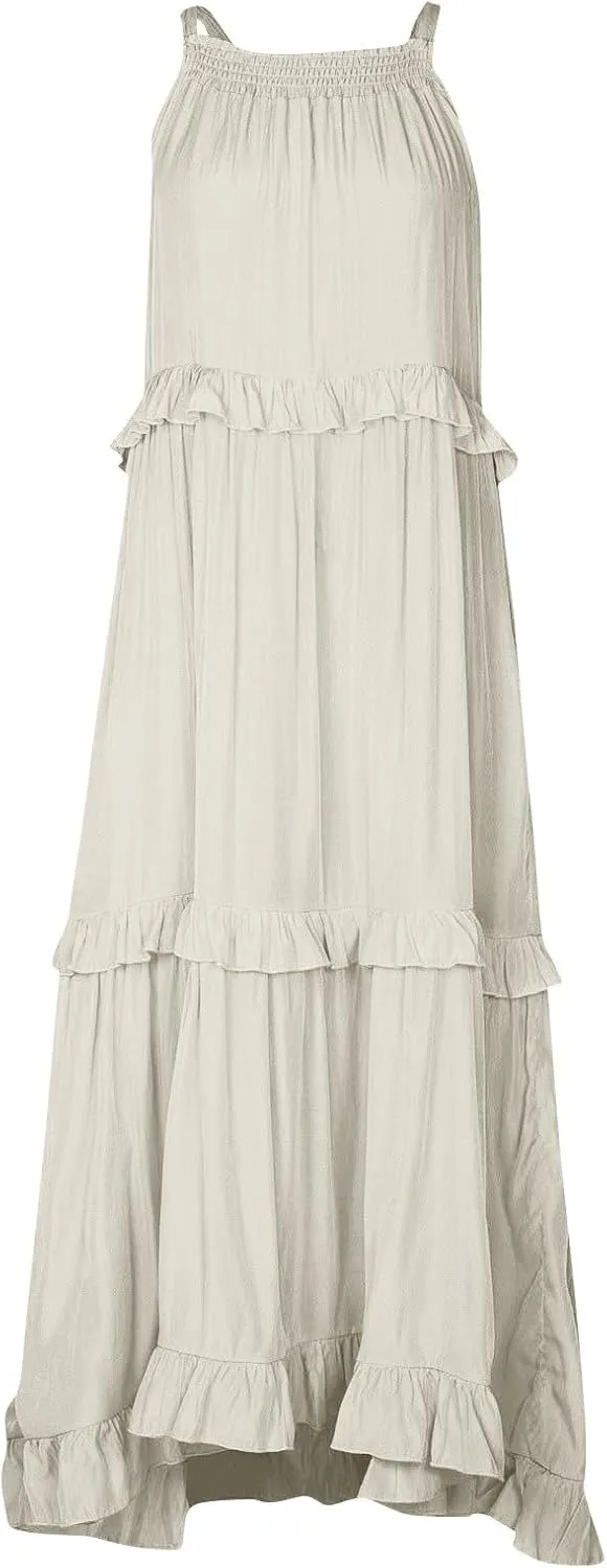 Smocked Halter Maxi Dress for Women Elegant Loose Flowy Tiered Ruffle Dress Summer Swing Tie Back Beach Dresses