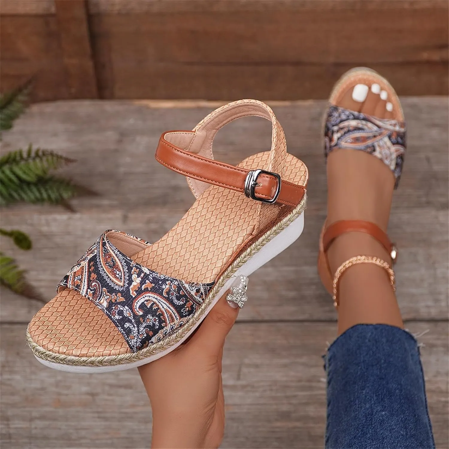 Smoneyful Women's Orthopedic Arch Support Platform Wedge Espadrilles Strappy Slip On Boho Open Toe Ankle Strap Fish Mouth Solid Color Fashion Low Cut Dressy Casual Summer Sandals
