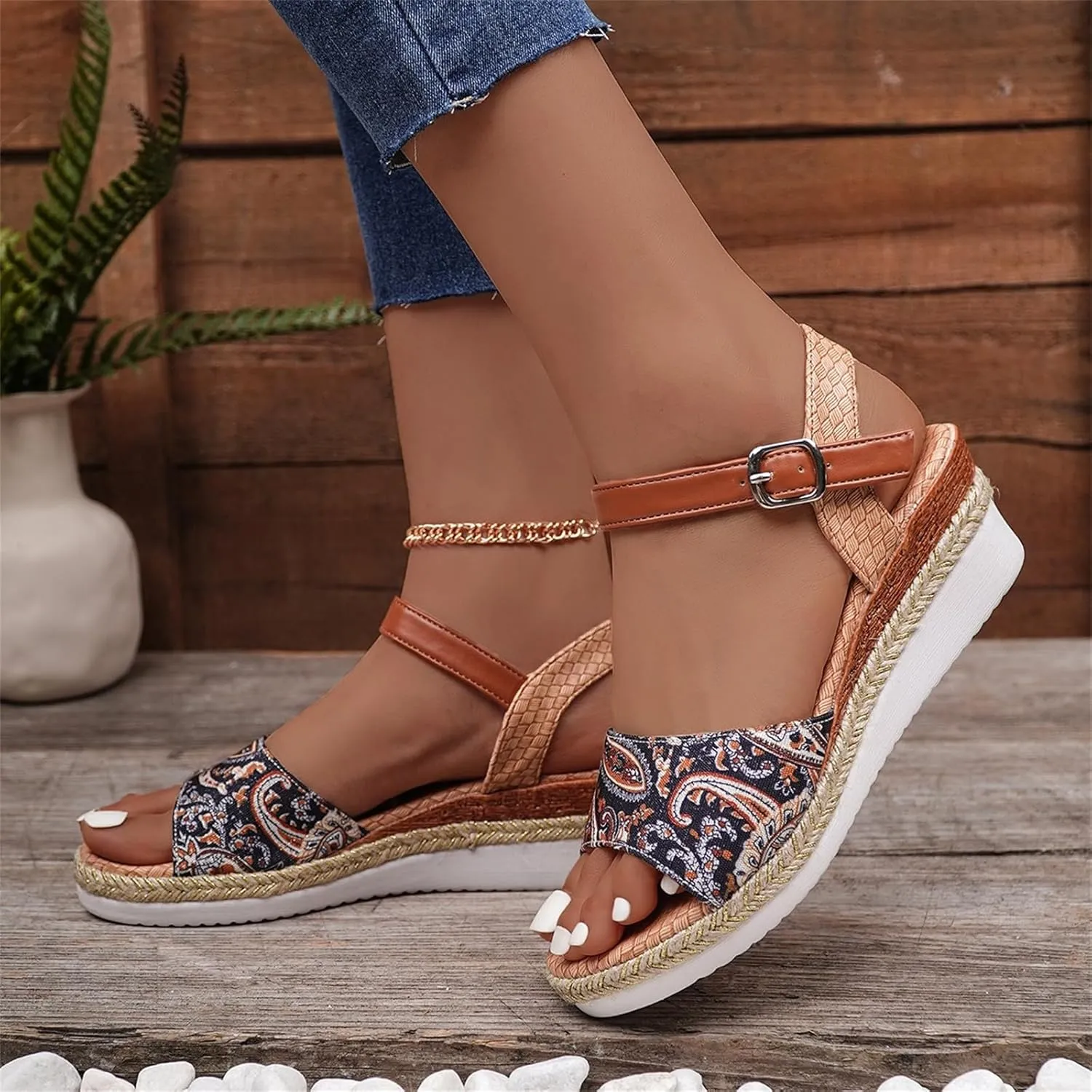 Smoneyful Women's Orthopedic Arch Support Platform Wedge Espadrilles Strappy Slip On Boho Open Toe Ankle Strap Fish Mouth Solid Color Fashion Low Cut Dressy Casual Summer Sandals