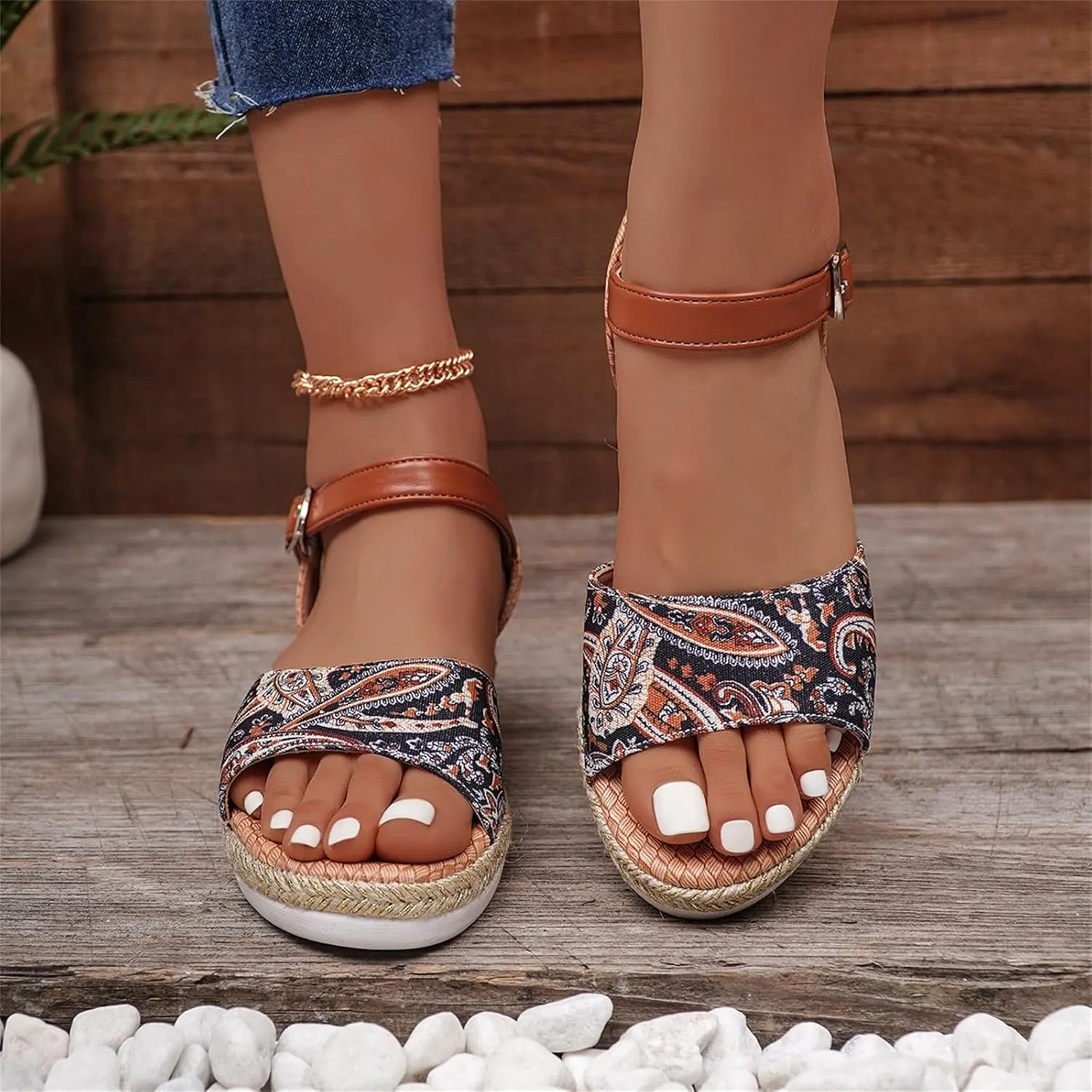 Smoneyful Women's Orthopedic Arch Support Platform Wedge Espadrilles Strappy Slip On Boho Open Toe Ankle Strap Fish Mouth Solid Color Fashion Low Cut Dressy Casual Summer Sandals