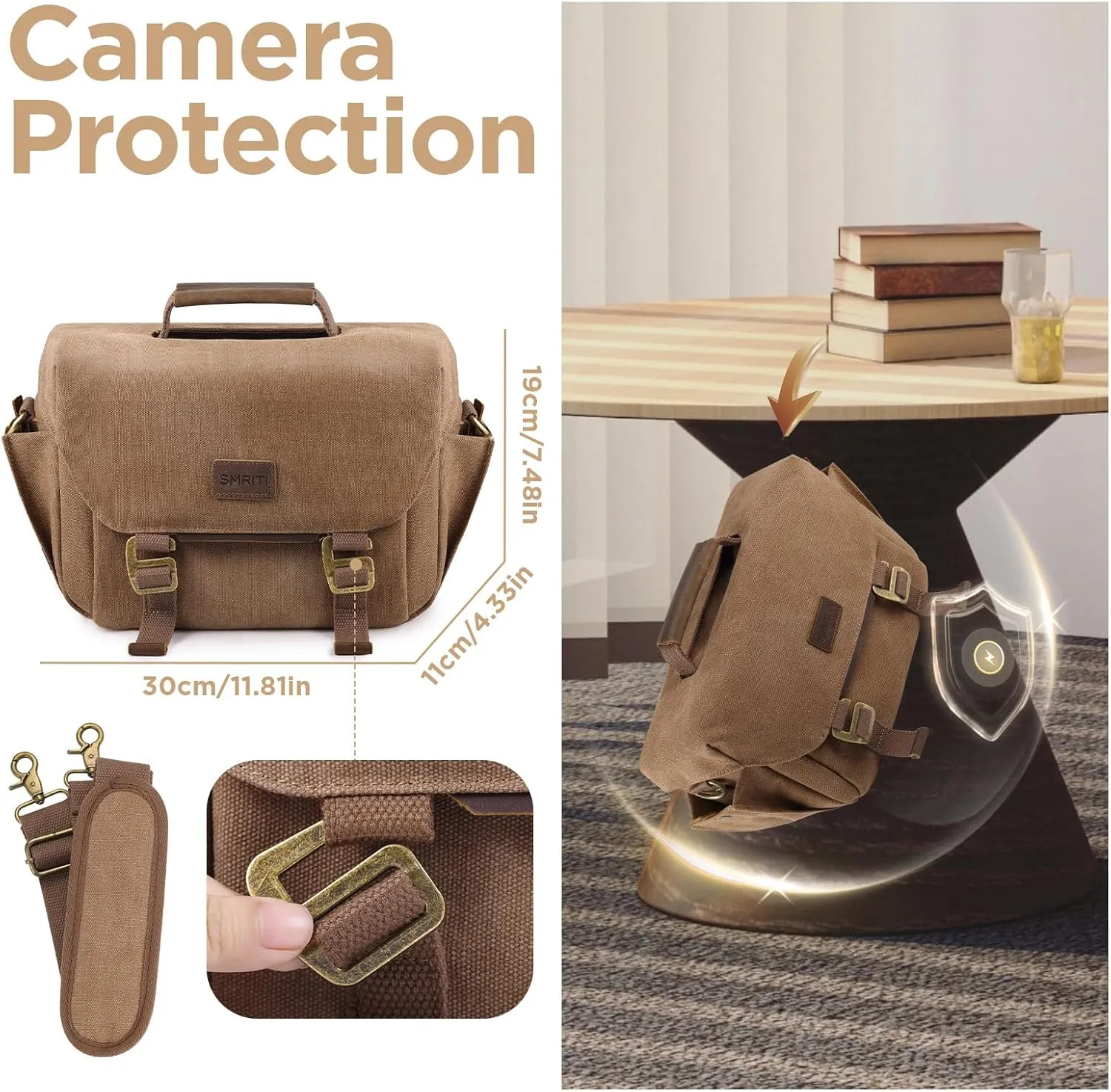 SMRITI Canvas DSLR Camera Bag, Camera Messenger Bag for Photographers,Travel Waterproof Shoulder Camera Case for Men Women (Coffee)