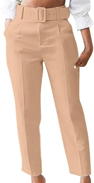 Soild Color Elegant Pantswith Belt for Women High Waist Elastic Trouser with Pocket Straight Legs Long Pants for Work