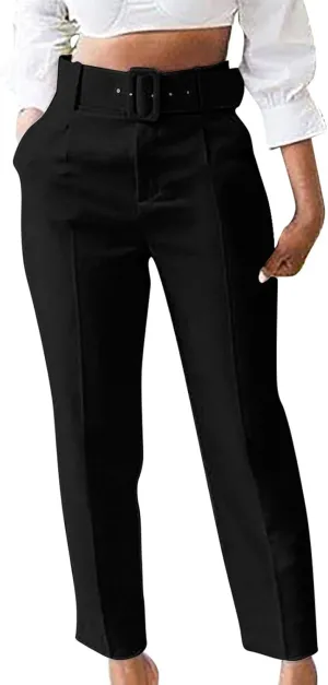 Soild Color Elegant Pantswith Belt for Women High Waist Elastic Trouser with Pocket Straight Legs Long Pants for Work