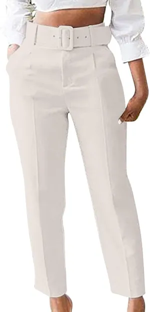 Soild Color Elegant Pantswith Belt for Women High Waist Elastic Trouser with Pocket Straight Legs Long Pants for Work