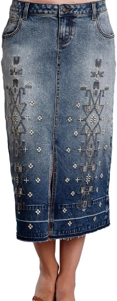 Stetson Women's Embroidered Long Denim Skirt Blue 4