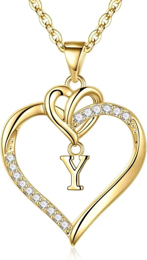 STORUP Graduation Gifts for Her - Heart Initial Necklaces for Women Girls, 14K Gold Plated Cubic Zirconia Heart Initial A-Z Pendant Necklace Dainty Heart Necklaces for Women Jewelry Birthday Gifts