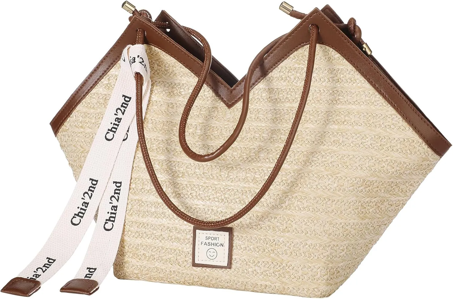 Straw Beach Tote Bag for Women, Summer Woven Tote Bags with Zipper, Portable Shoulder Vacation Purse Handbags