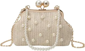 Straw Clutch Purse for Women Exquisite Pearl Purse Seashell Bag Woven Evening Handbag Party Prom Bride Bag Beaded Clutch