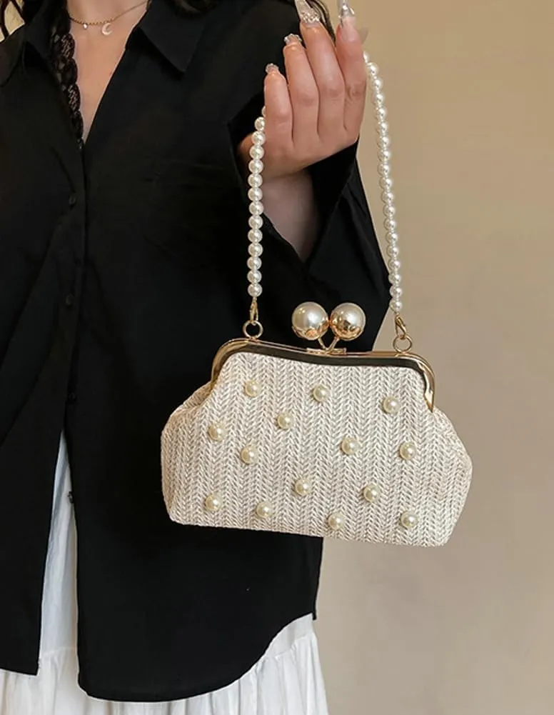 Straw Clutch Purse for Women Exquisite Pearl Purse Seashell Bag Woven Evening Handbag Party Prom Bride Bag Beaded Clutch