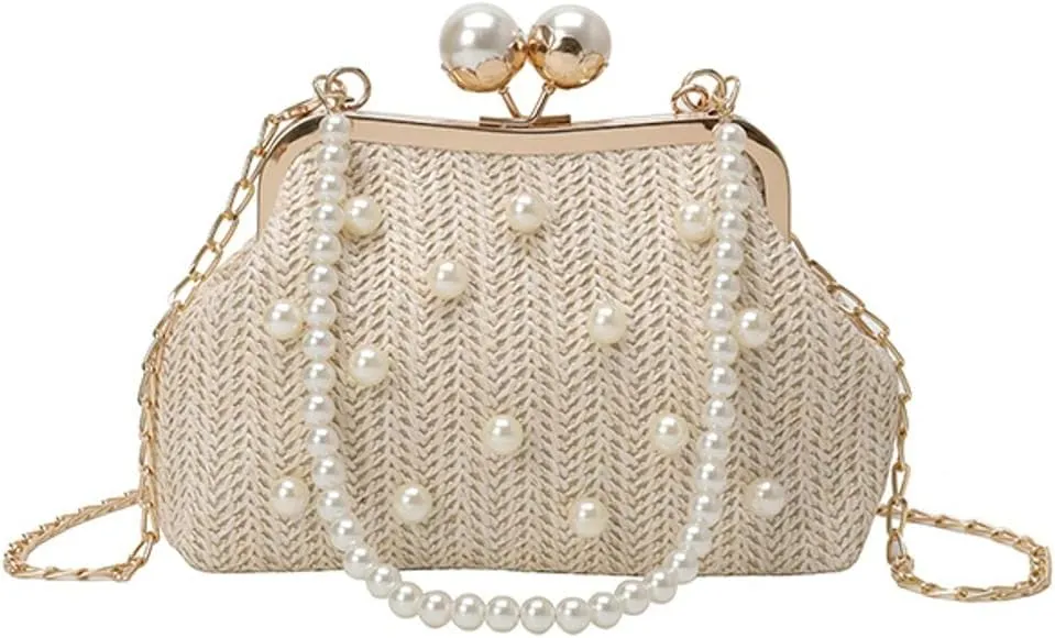 Straw Clutch Purse for Women Exquisite Pearl Purse Seashell Bag Woven Evening Handbag Party Prom Bride Bag Beaded Clutch