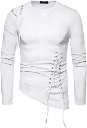 Stylish Asymmetrical Lace Up T-Shirts for Men Slim Fit Designer Irregular Crew Neck Long Sleeve Top Retro Gothic Cosplay Tees