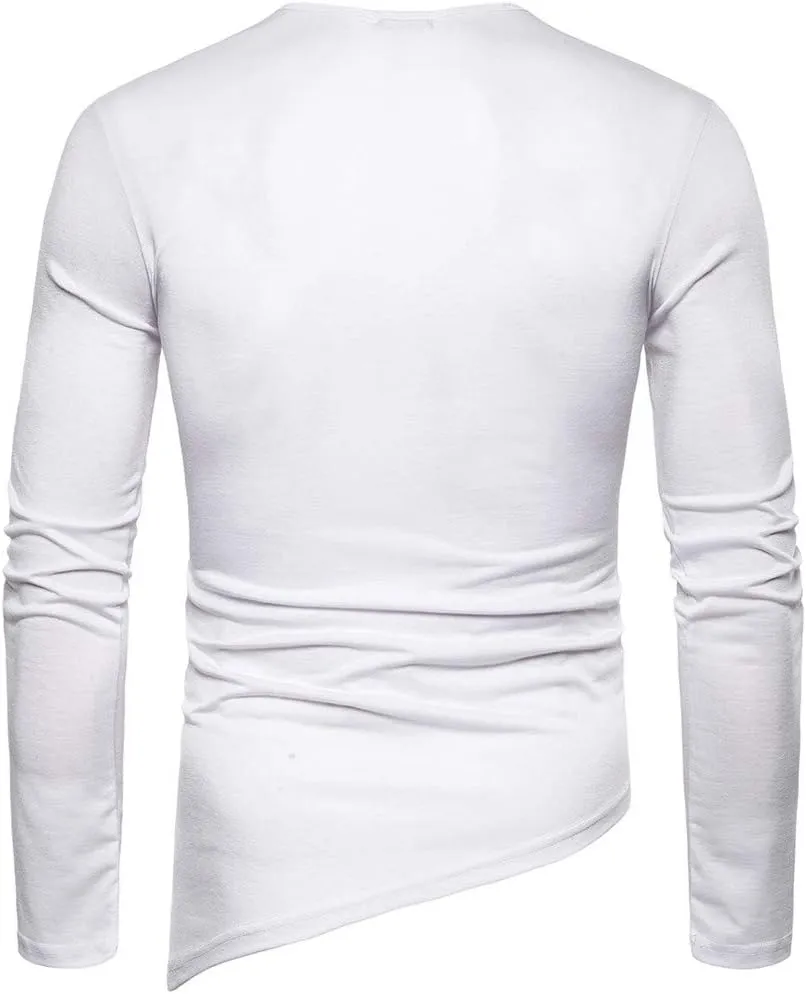 Stylish Asymmetrical Lace Up T-Shirts for Men Slim Fit Designer Irregular Crew Neck Long Sleeve Top Retro Gothic Cosplay Tees