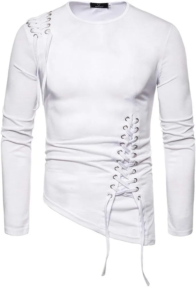 Stylish Asymmetrical Lace Up T-Shirts for Men Slim Fit Designer Irregular Crew Neck Long Sleeve Top Retro Gothic Cosplay Tees