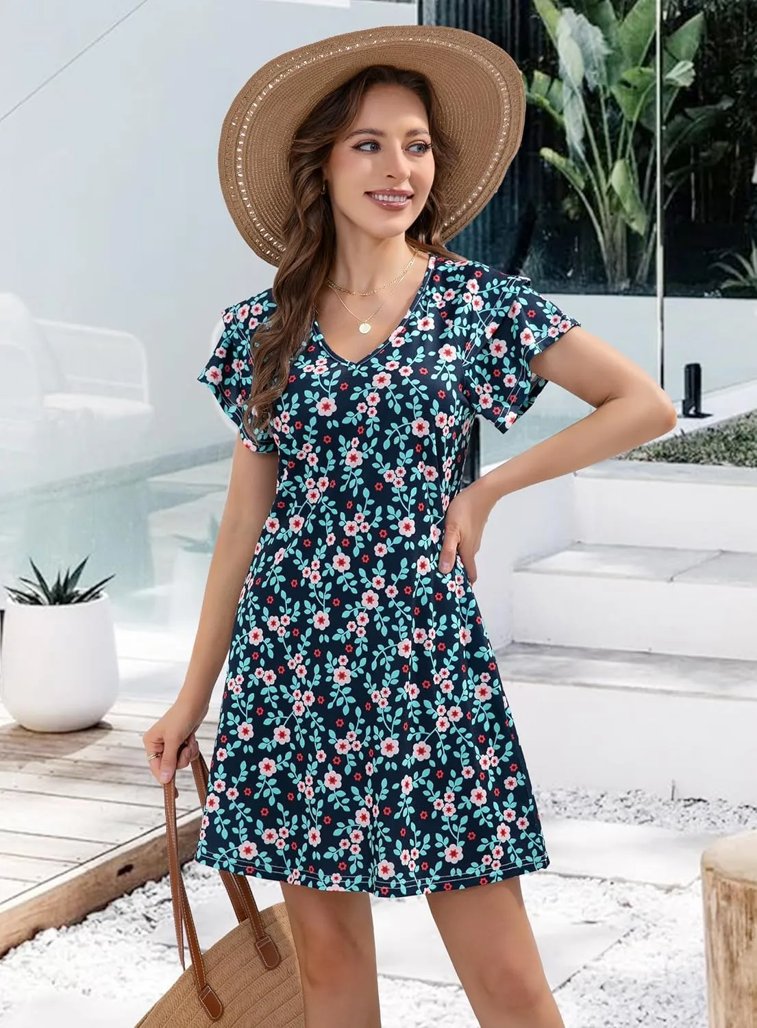 Summer Dresses for Women 2025 Casual Ruffle Sleeves Mini Dress Sundresses Floral Boho Beach Dresses with Pockets