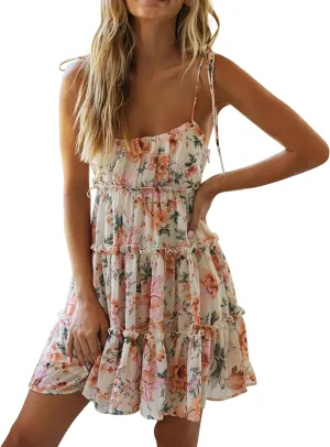 Summer Floral Mini Dresses for Women 2025 Flowy Boho Sleeveless Spaghetti Strap Dress Tiered Ruffle Short Skater Dress