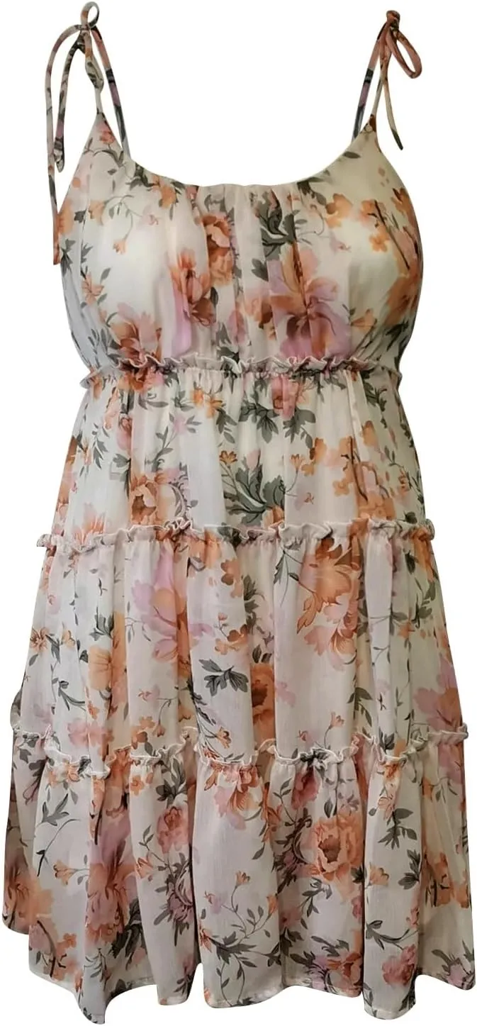 Summer Floral Mini Dresses for Women 2025 Flowy Boho Sleeveless Spaghetti Strap Dress Tiered Ruffle Short Skater Dress