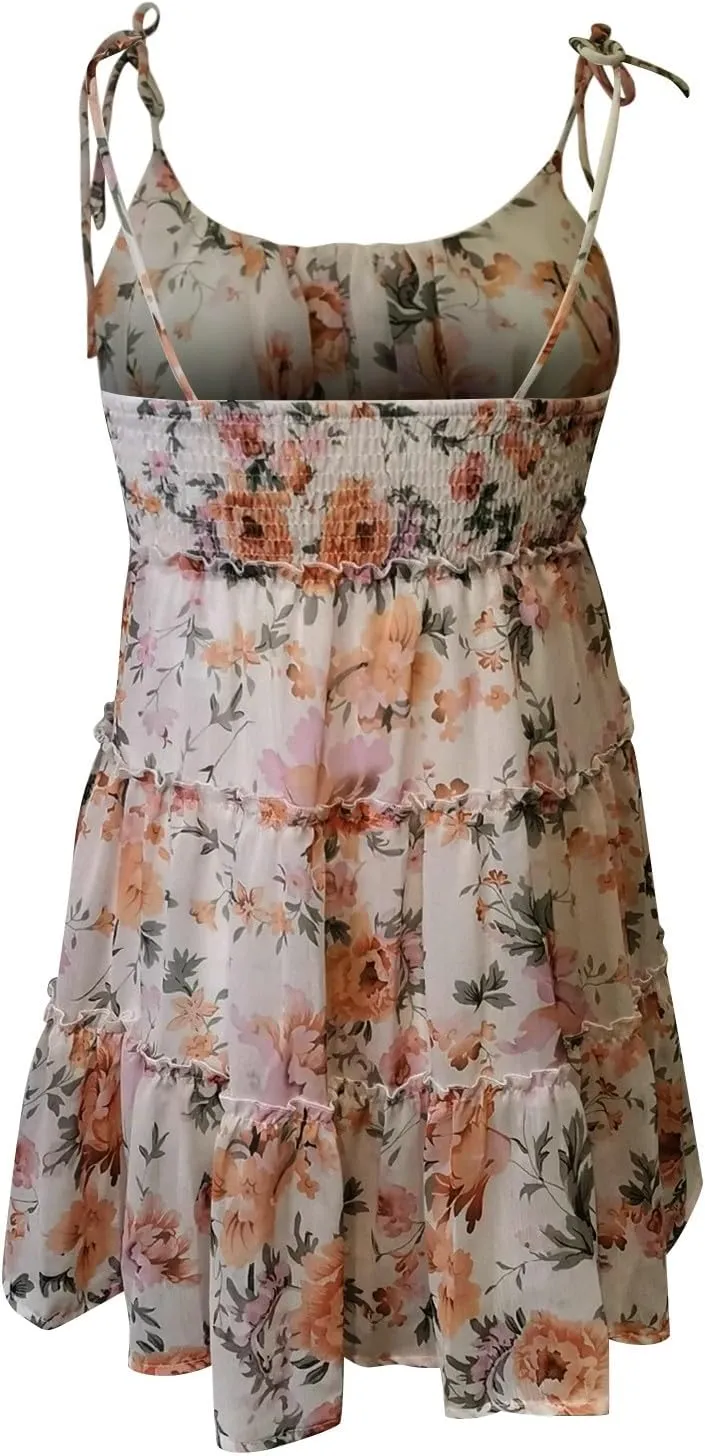 Summer Floral Mini Dresses for Women 2025 Flowy Boho Sleeveless Spaghetti Strap Dress Tiered Ruffle Short Skater Dress