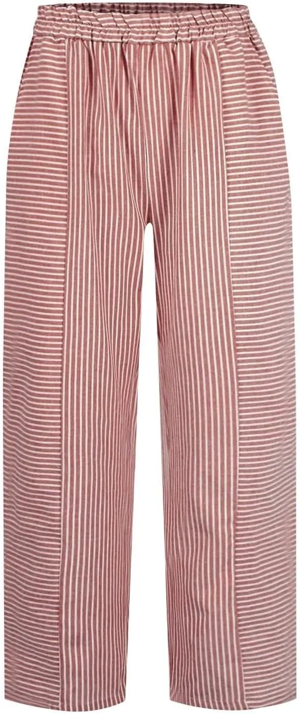 Summer Linen Pants for Women Striped Printed Side Button Pants Baggy Elastic Waist Straight Leg Trousers with Pockets