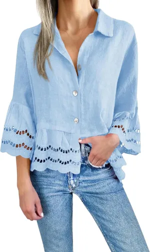 Summer Shirts for Women Fashion 3/4 Bell Sleeve Button Down Shirts Casual V Neck Lace Blouses Hollow Out Ruffle Hem Tops