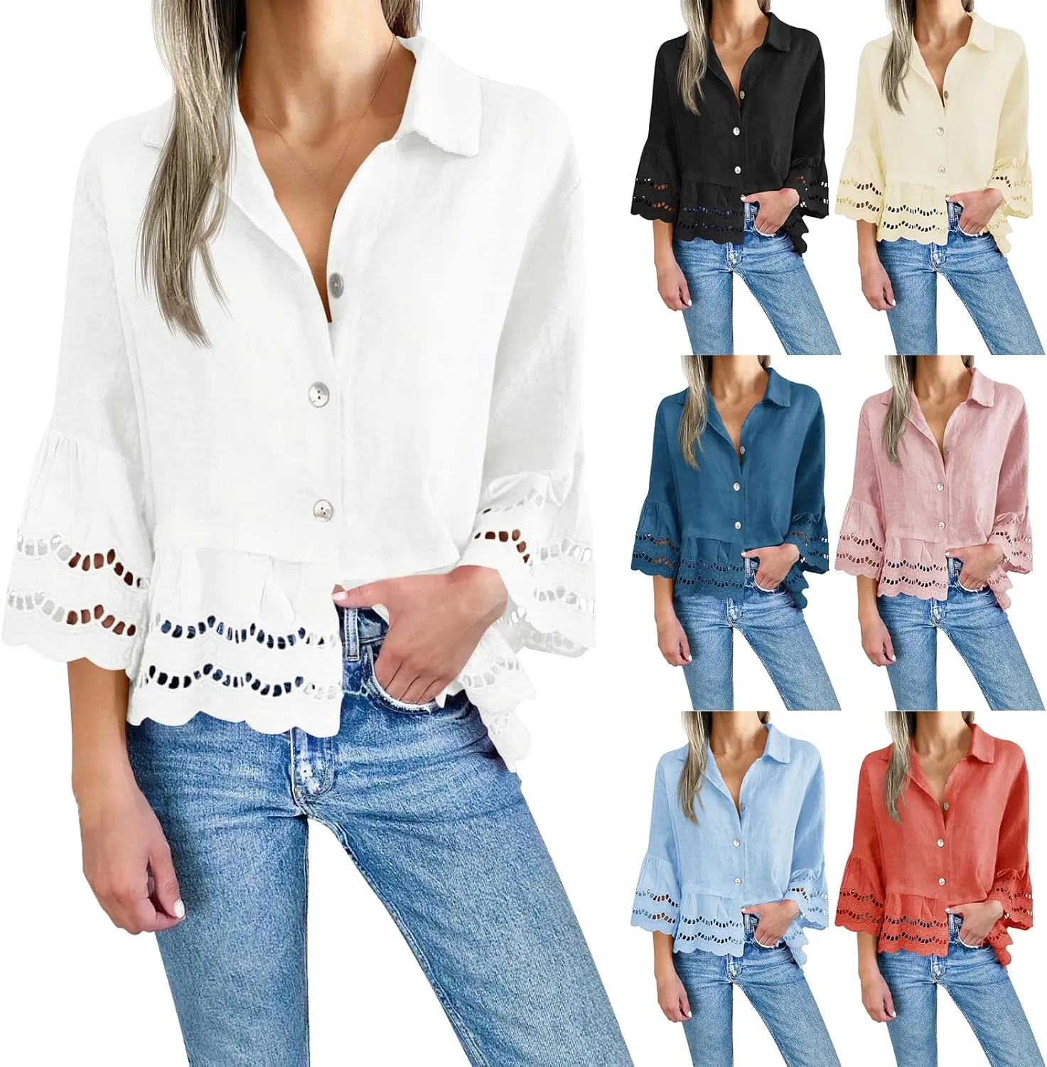 Summer Shirts for Women Fashion 3/4 Bell Sleeve Button Down Shirts Casual V Neck Lace Blouses Hollow Out Ruffle Hem Tops